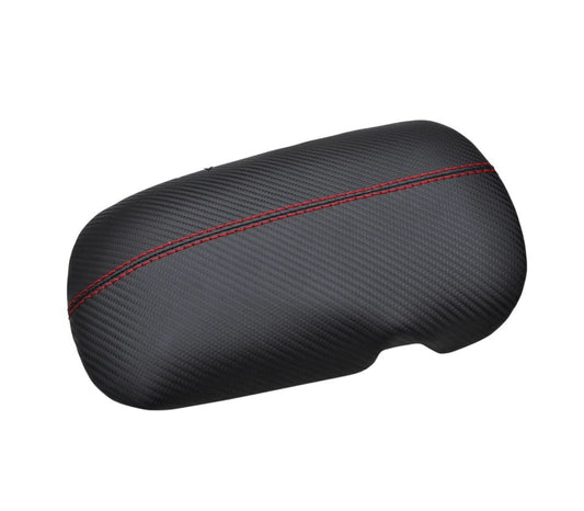 For 2015-2019 Ford Mustang GT Black Carbon Fiber Ultra Leather Console Armrest Cover In Red Stitch-0